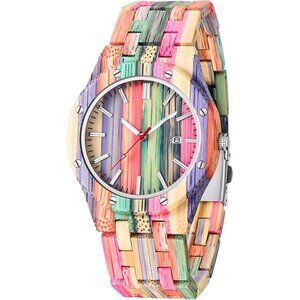 Men's Pink Purple Handmade Colorful Bamboo Engraved Analog Quartz Wooden Watch